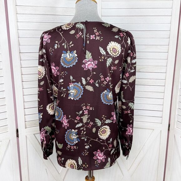 Vince Camuto Floral Puff Sleeve Button Front Blouse Brown Pink Small Wildflower - Picture 4 of 12